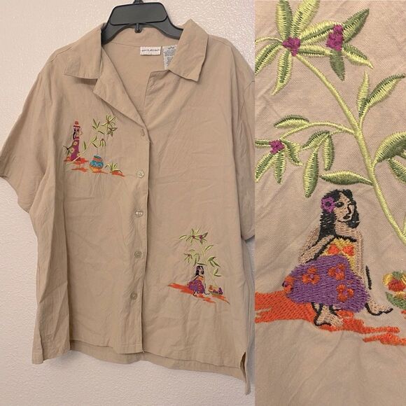 White Stag vintage khaki tan short sleeve button up embroidered tropical top L - Picture 1 of 7